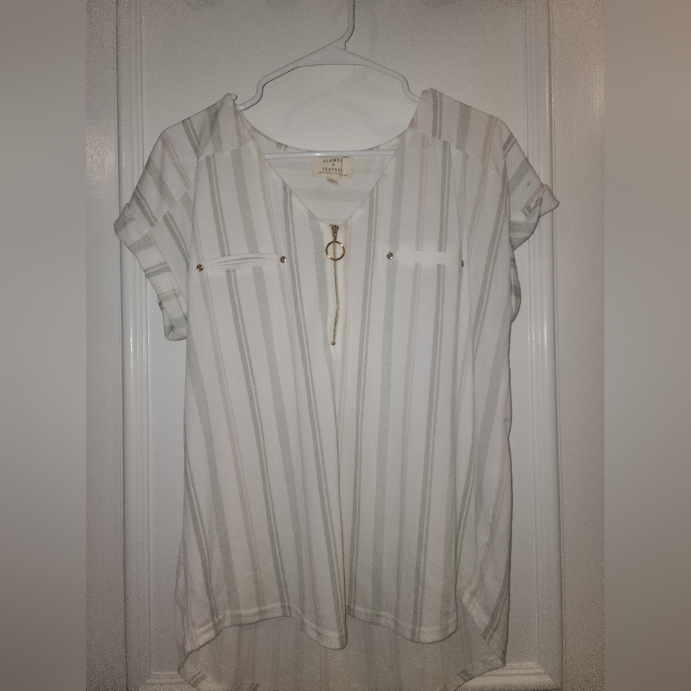 Flower And Feather White and Gray Striped Blouse